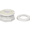 Two parts of a Pentair 86205100 1-1/2-Inch White Vinyl Liner Return Inlet Fitting with Screws replacement pool and spa fitting isolated on a white background.